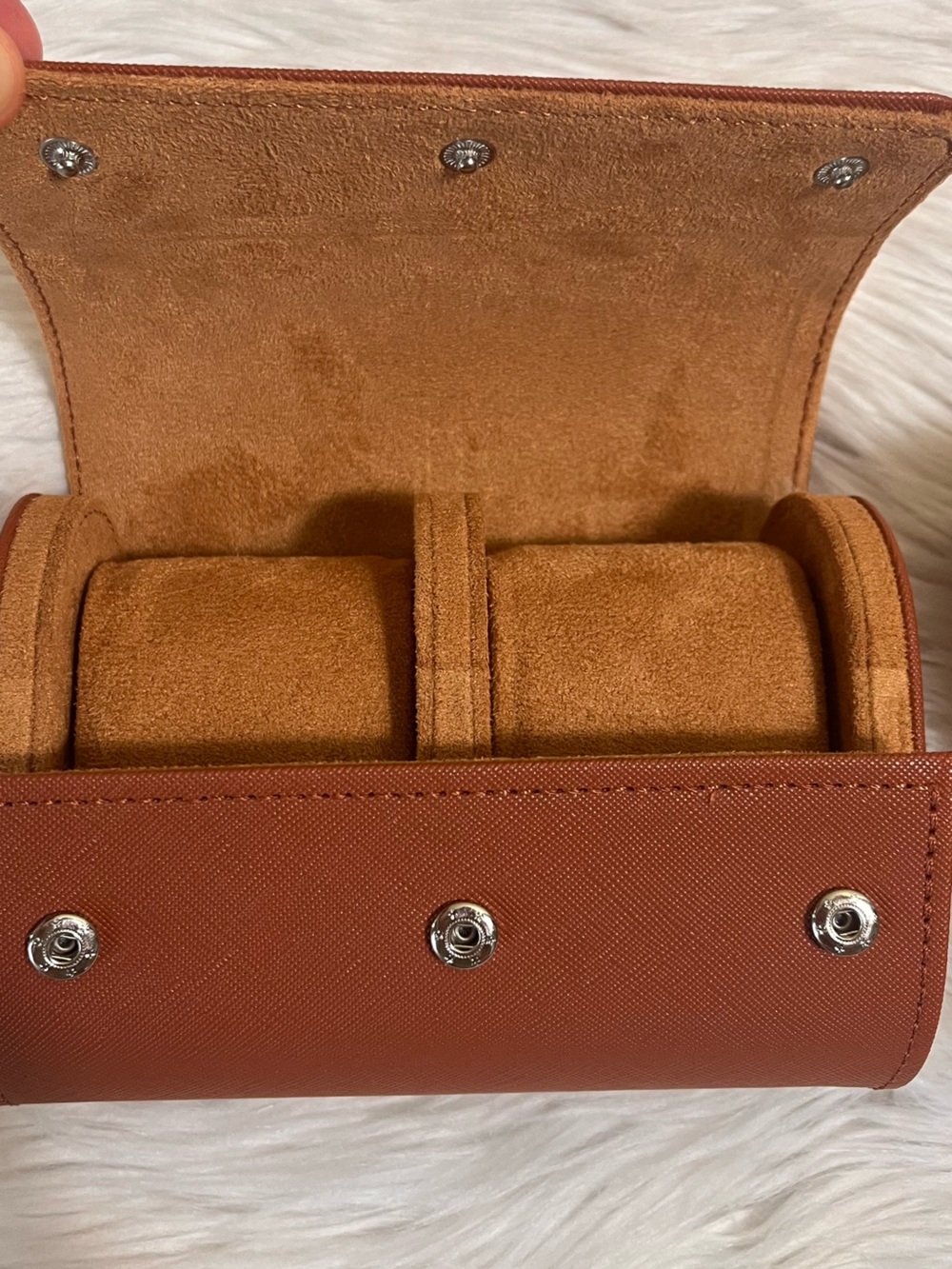 2-slot Watch or Jewelry Travel Roll Case, faux leather Brown with Suede Interior